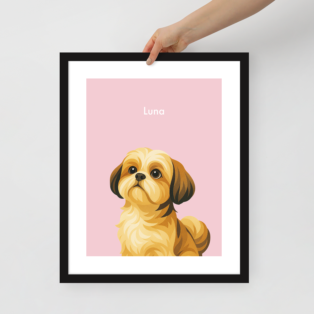 Stylish Custom Illustrated Pet Portrait with Name & Frame
