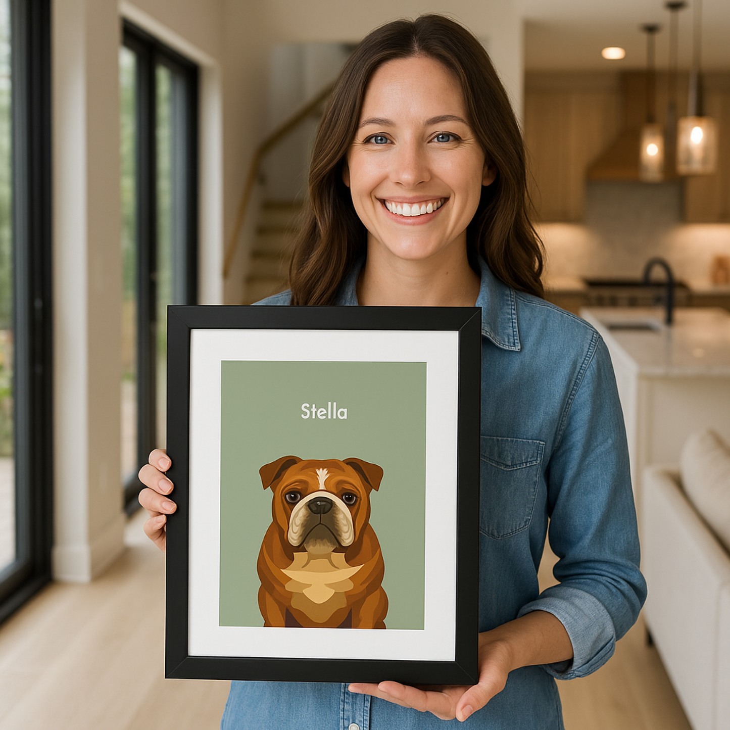 Stylish Custom Illustrated Pet Portrait with Name & Frame