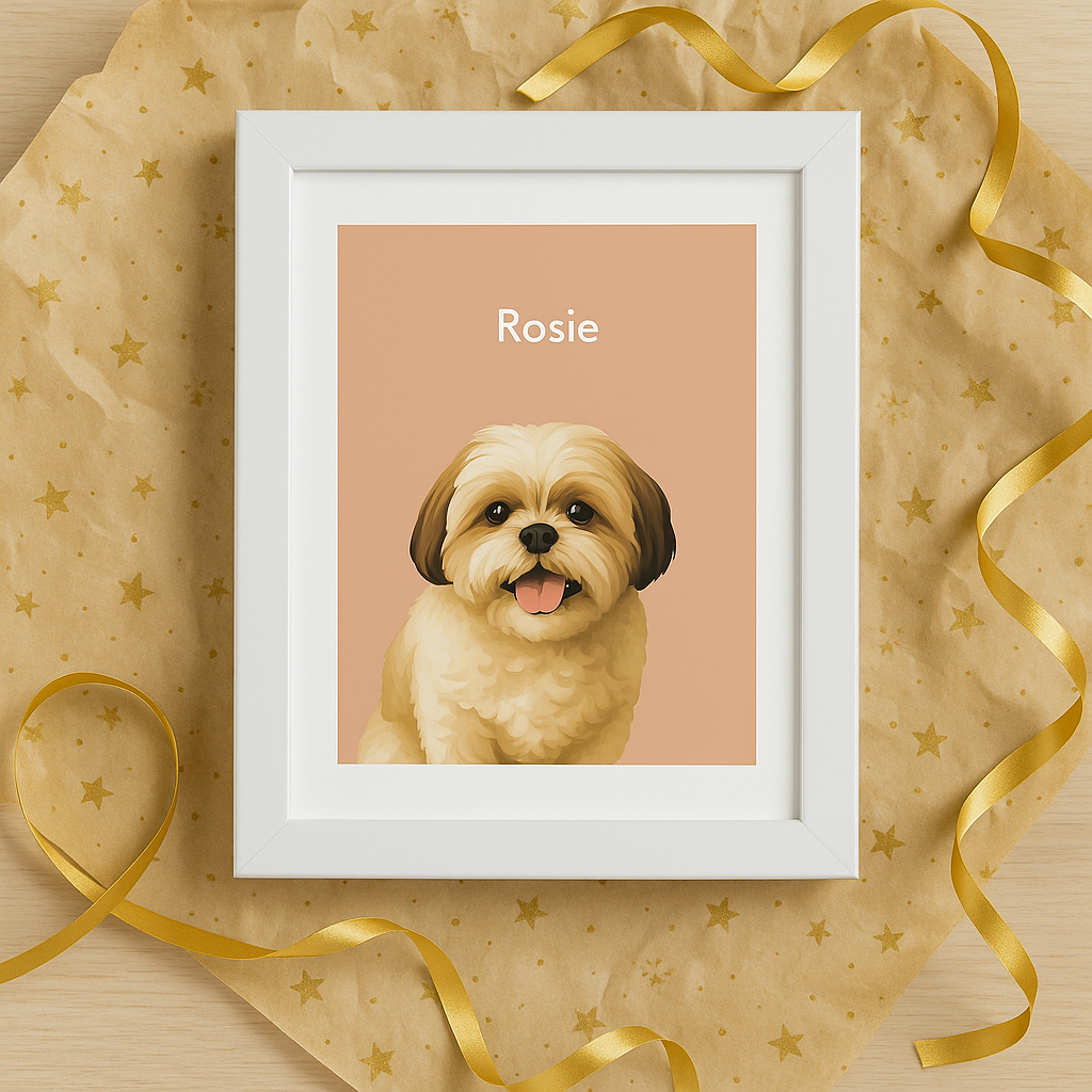Stylish Custom Illustrated Pet Portrait with Name & Frame