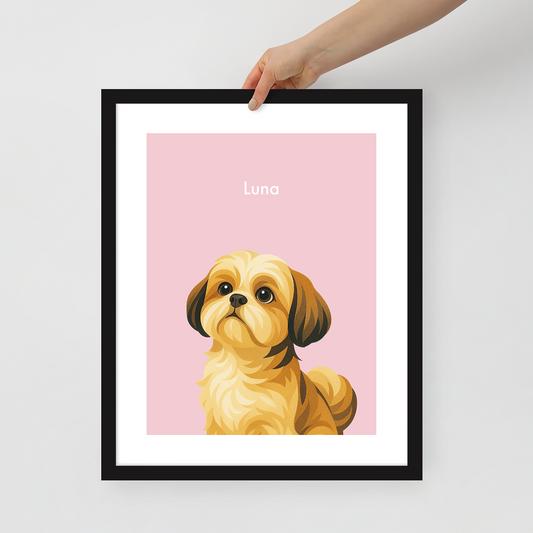 Stylish Custom Illustrated Pet Portrait with Name & Frame