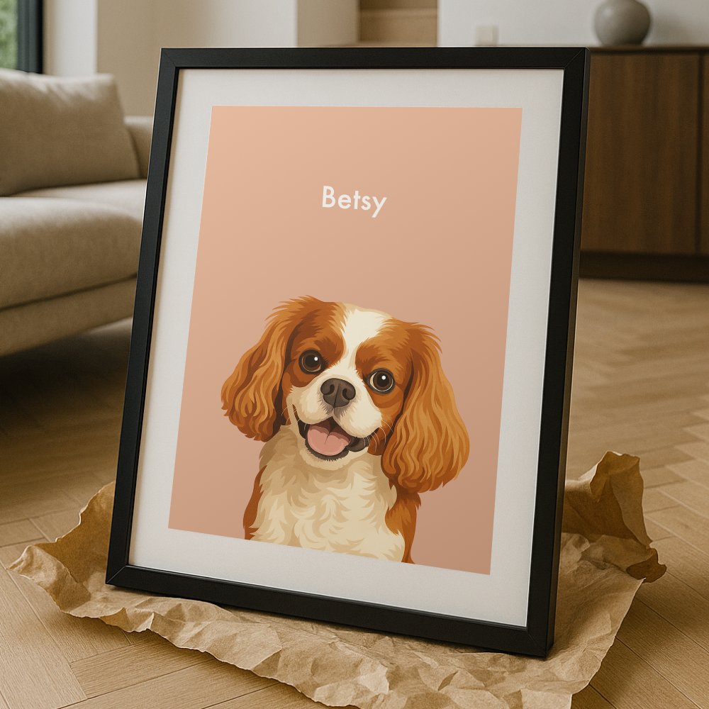 Stylish Custom Illustrated Pet Portrait with Name & Frame