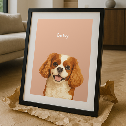 Stylish Custom Illustrated Pet Portrait with Name & Frame